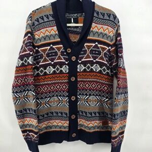 Mens Jeans By Buffalo Fair Isle‎ Shawl Collar Cardigan Sweater Size S wool warm